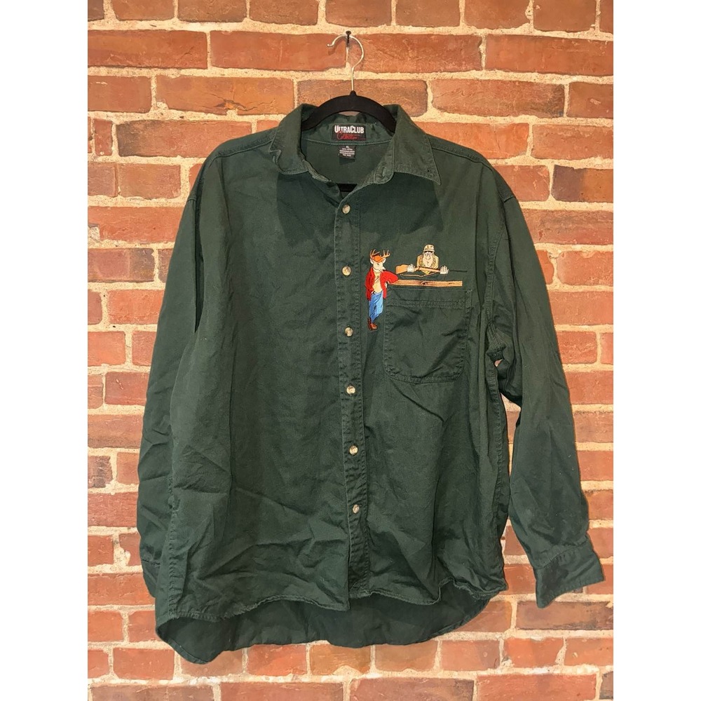 Mens XL Green Long Sleeve‎ Button Down Embroidered Deer Hunter Shirt Outdoor